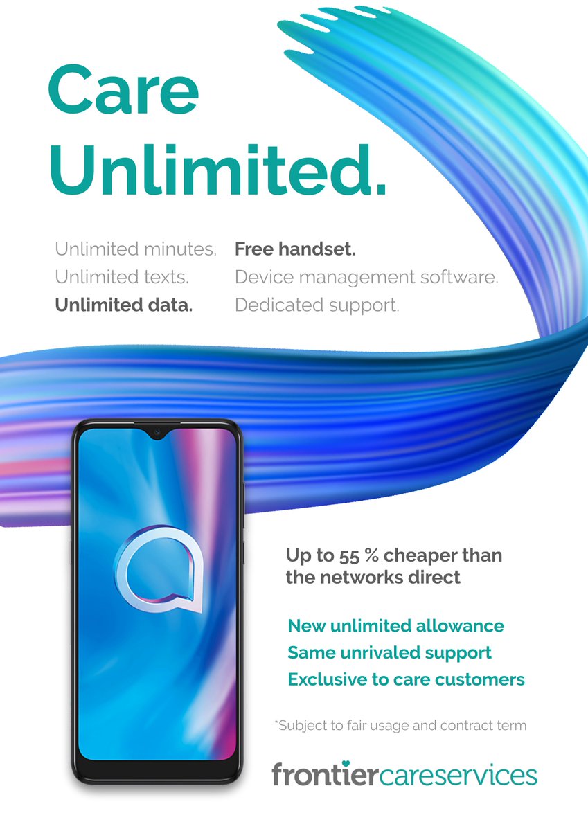 FrontierGroupUK's tweet photo. Our new Care Unlimited tariff gives you all the allowance you need to run your care business in complete peace of mind, without the price tag.

We've worked with the networks to give our care customers exclusive rates, only through Frontier Group

https://t.co/pDe5sPC0sU https://t.co/zcSNbxs5Ja