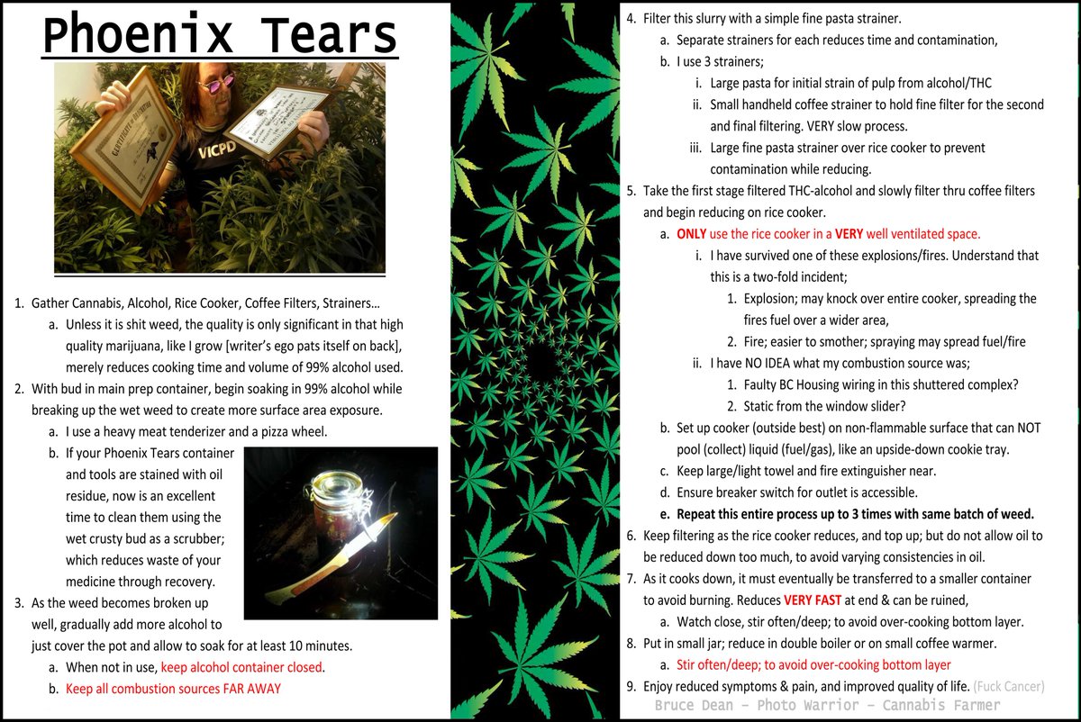 photowarrior's tweet photo. How To Make Phoenix Tears Medication
...advice from a federally licensed medical marijuana farmer & patient using Phoenix Tears as prescribed medication for disability's pain & to cure cancers.
#TwoTimeCancerSurvivor #Marijuana #Cannabis #RSO
@kymhothead @BoydGoble #THC #CBD https://t.co/Ss7Nm0v12T