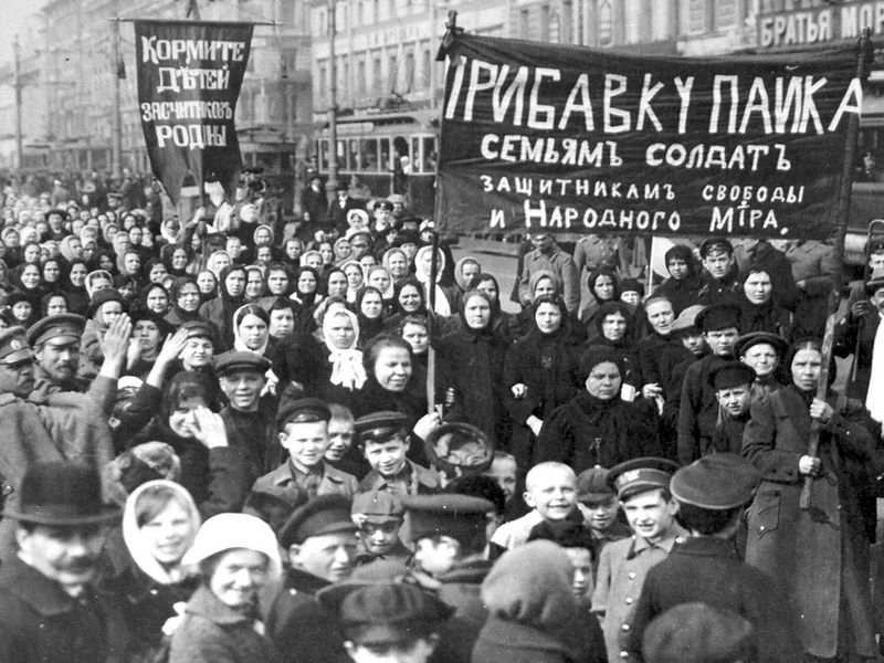 On 8 March, 1917, hundreds of women in Saint Petersburg threw stones/ snowballs at factory windows demanding for bread. the women took hold of soldiers' rifles & commanded: "put down your bayonets and join us". Within 5 days, centuries-old Tsarist regime had collapsed. 6/7