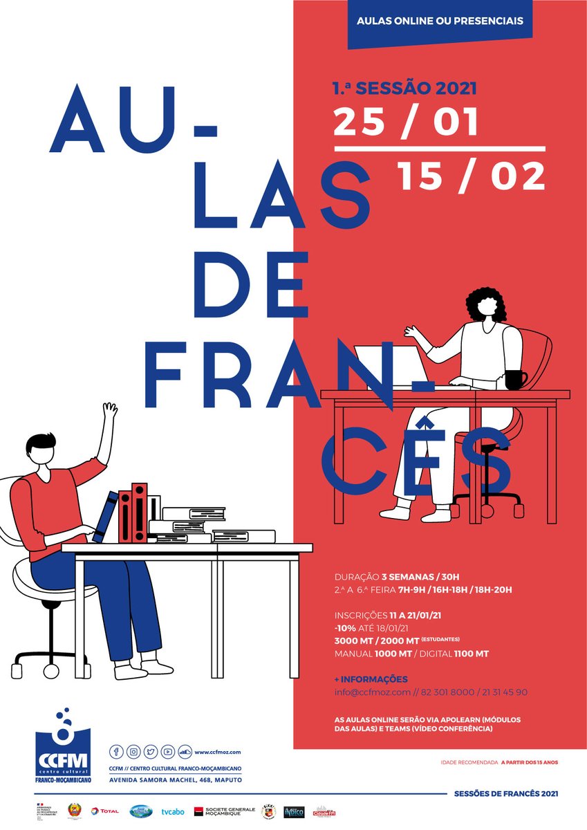 CCFMoz's tweet image. 📢 ESTÃO ABERTAS até ao dia 21/01, as inscrições para a 1ª sessão de “Cours de Français”  a decorrer de 25/01 a 15/02.

Preço: 3000MT/2000MT (estudantes)
Manual: 1000MT/ 1100MT (digital)
Regime: Presencial  ou Online 
Horários: 7h-9h, 16h-18h, 18h-20h