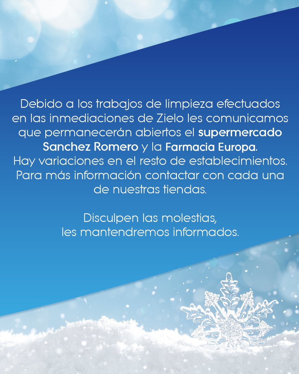 Les comunicamos que permanecerán abiertos el supermercado Sanchez Romero y la Farmacia Europa. 

Hay variaciones en el resto de establecimientos, recomendamos contactar con la tienda en cuestión para confirmar su apertura.