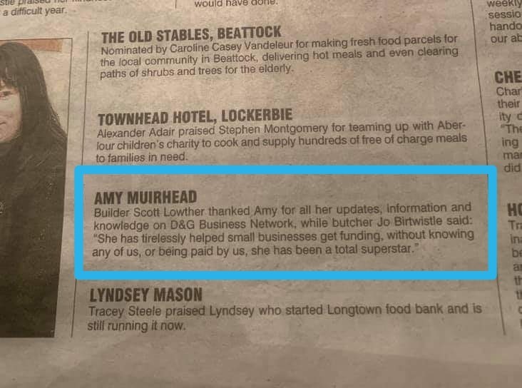 Dumfries Manager, <a href="/DAAmyMuirhead/">Amy Muirhead</a>, has received recognition in the Annandale Observer paper. Well done Amy, #TeamDA are very proud of you!

#StaffAppreciation #LocalCommunitySupport #ClientSupport #BusinessSupport #DumfriesAndGalloway