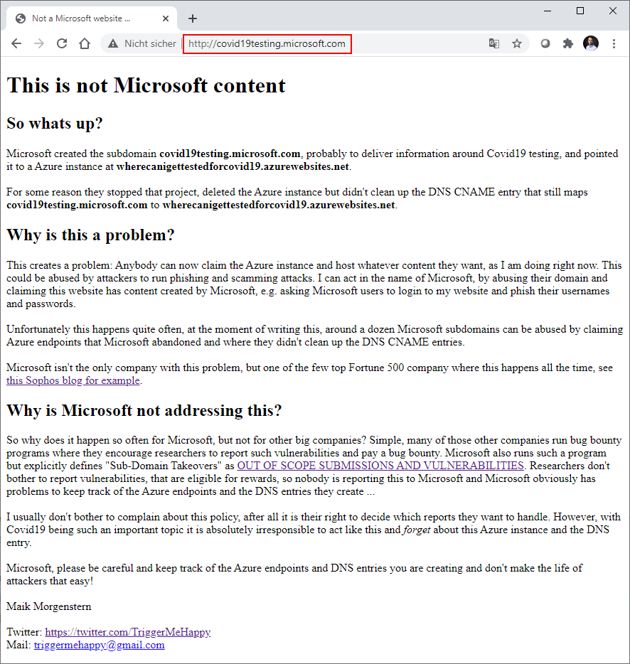 TriggerMeHappy's tweet photo. Microsoft doesn't keep track of subdomains and many of them are vulnerable for takeover. That is nothing new. This time they exposed the domain https://t.co/dOZniExAyL which I took over to secure it because I felt it would be too dangerous to leave this for malicious attackers. https://t.co/wV0qjE5oNM