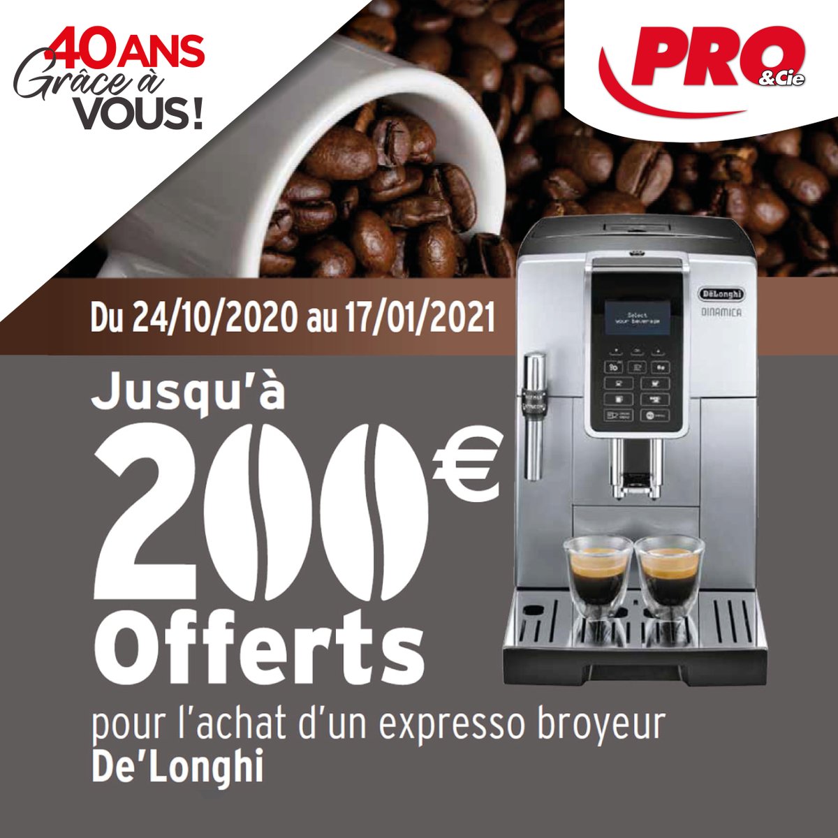 PROCie_Officiel's tweet photo. Pour une nouvelle année toujours aussi caféinée, vous allez aimer l’offre exceptionnelle que propose De’Longhi ☕️
Jusqu’au 17 janvier, il y a jusqu’à 200 euros offerts* pour l’achat d’un expresso broyeur de la marque. Voilà de quoi devenir un barista... https://t.co/1cTkGDTh9b