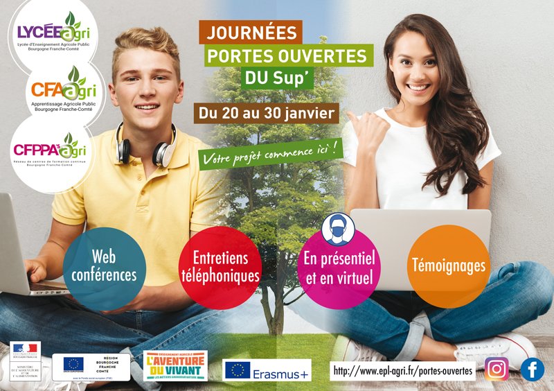 EplAgri's tweet photo. Les Journées Portes Ouvertes du Sup' de #enseignementagricole public en Bourgogne Franche-Comté, c’est du 20 au 30 janvier 2021, en présentiel et/ou virtuel. https://t.co/Buo0K7sMov https://t.co/7Z1LEOtcLW