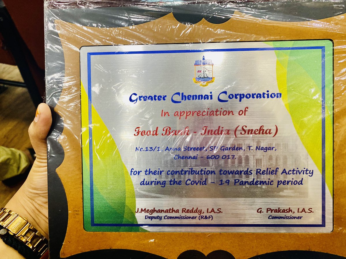 Thank you @chennaicorp and @jmeghanathreddy IAS, DC (R&F) for honouring @FoodBankChennai for supporting during Covid-19 Pandemic situations. I dedicate this Appreciation to all the Covid warriors who contributed & volunteered us during this tough time.