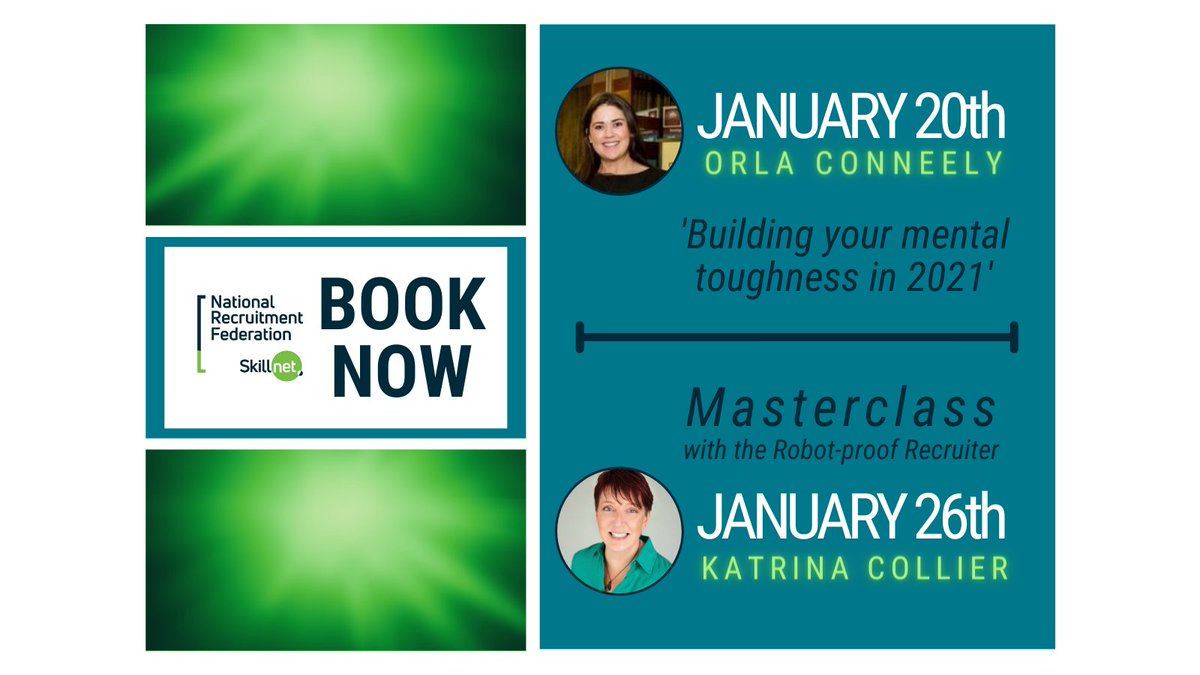 DON'T MISS OUT on 2 fantastic @nrfskillnet courses! #workshop with <a href="/salestrainer_ie/">Orla Conneely</a> to ensure you thrive in 2021. #MASTERCLASS with @KatrinaMCollier to 'Engage In-Demand Candidates'. See bit.ly/2KP2HCy for details +booking. #goals #education #onlinelearning #recruiters