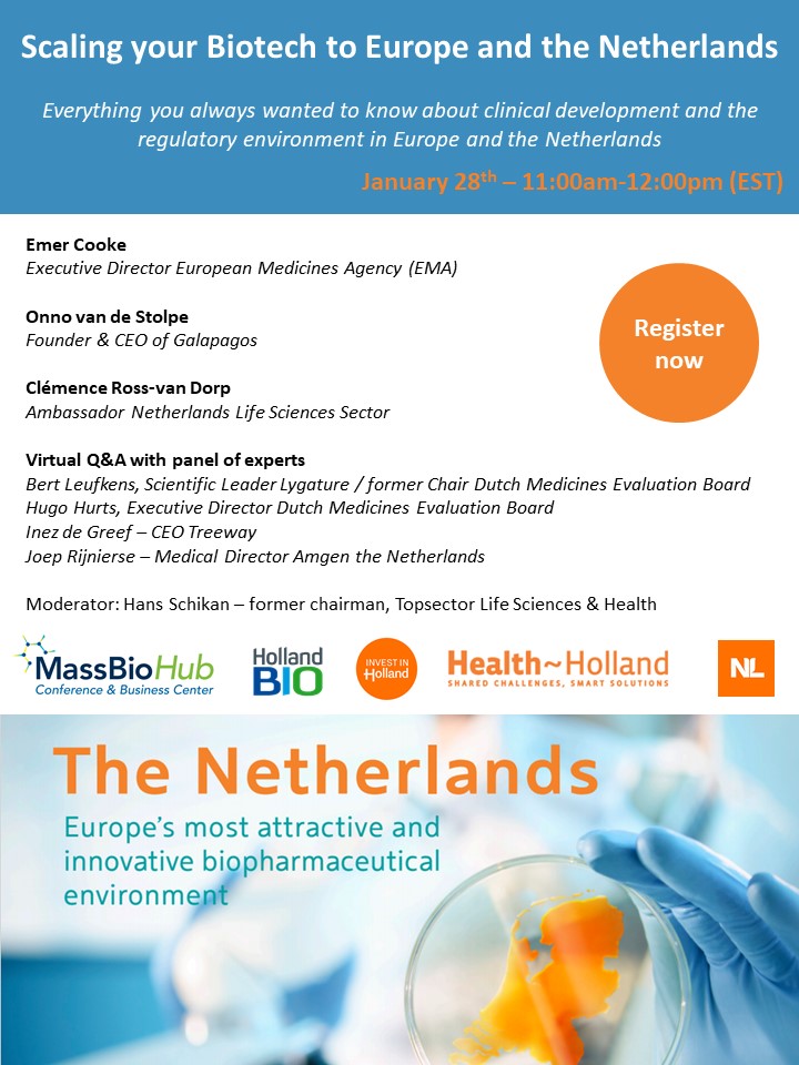 On January 28th, <a href="/MassBio/">MassBio</a> will host the Webinar ‘Scaling your Biotech to Europe &amp; the Netherlands’. This is the first derivative event of the signed MoU between Massachusetts &amp; the Netherlands. Interested? Register here: eventbrite.com/e/scaling-your…  
#biotech #clinicaldevelopment