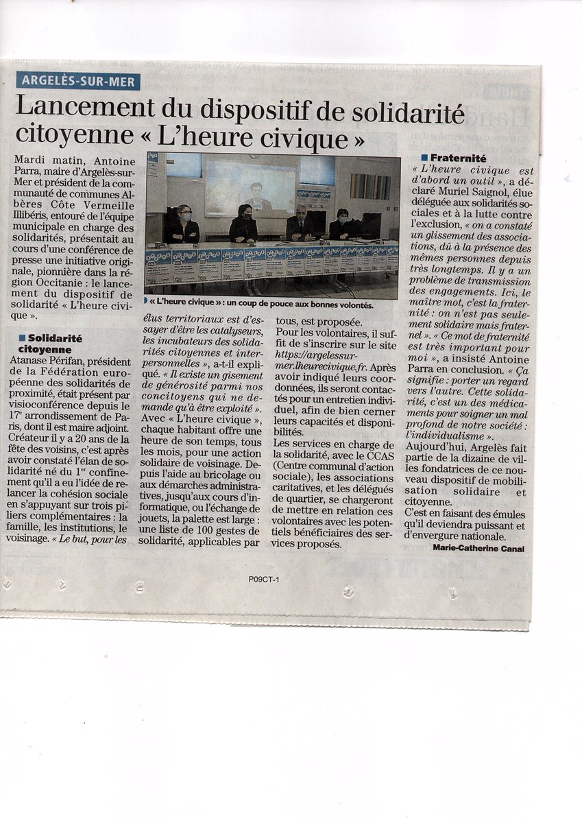 Le dispositif #lheurecivique est lancé à Argeles-Sur-Mer !  Les #Argelésiens pourront s'inscrire sur le site argelessurmer.lheurecivique.fr pour donner 1h par mois pour une action de #solidarite de proximité de voisinage.