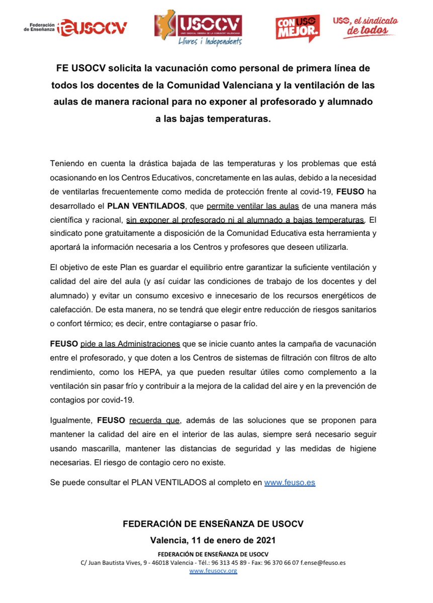 FEUSOCV's tweet photo. 📢 #FEUSOCV  solicita la vacunación como personal de primera línea de todos los docentes de la Comunidad Valenciana y la ventilación de las aulas de manera racional para no exponer al profesorado y alumnado a las bajas temperaturas.
➡️ PLAN VENTILADOS : https://t.co/nQ8YUiIuPv https://t.co/Zw59PqPp0U