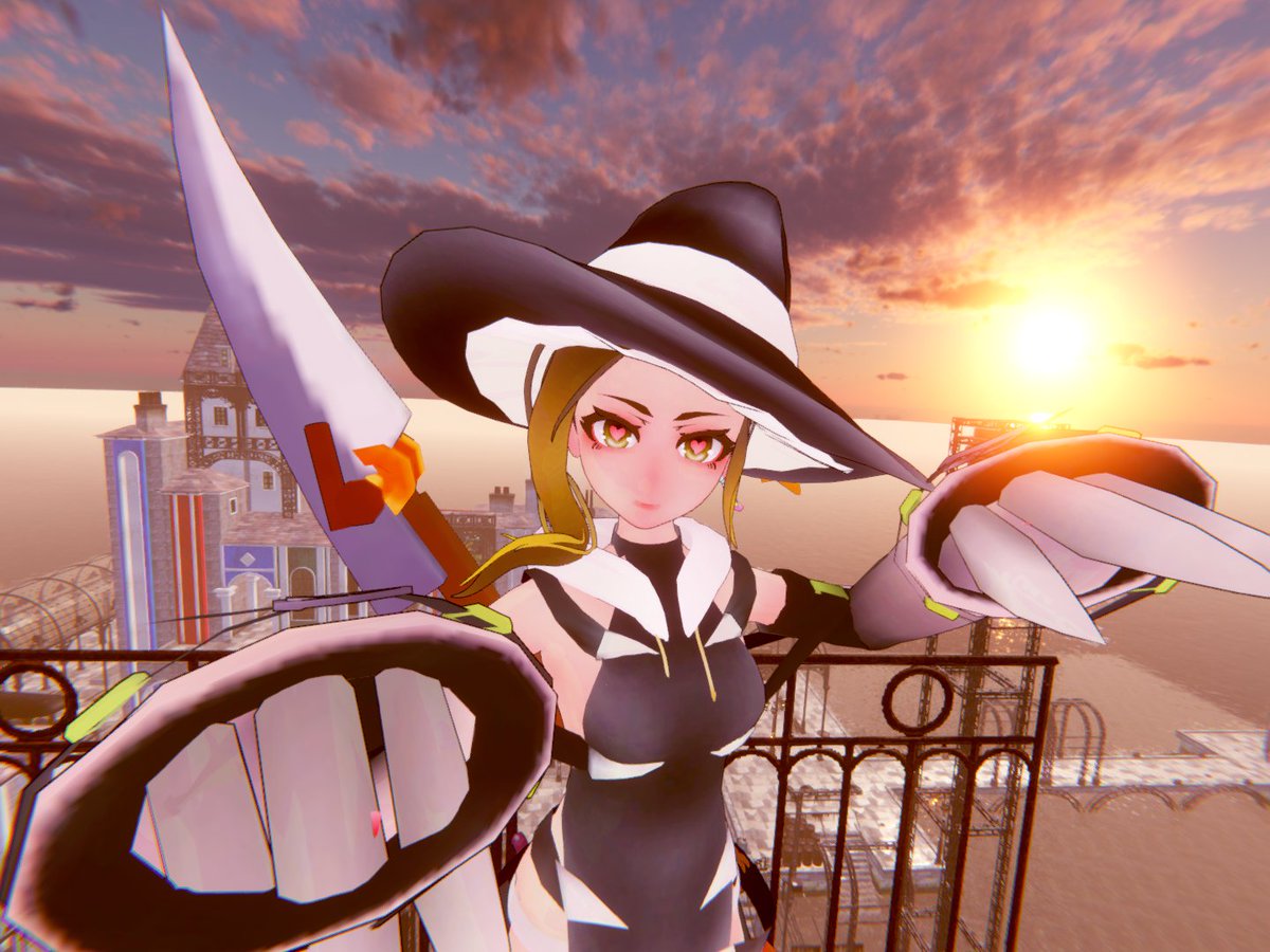 mask_3dcg's tweet photo. Clusterでお気に入りのワールド『SteamCity for cluster』
サンセットのマジックアワーがキレイですよねぇ。

夕焼けって思うと寂しくなるので、朝焼けだと思うことにしています。

昨日徹夜してセットアップしたCluster用VRMで自撮りしてきました。

#メタバース好きと繋がりたい　#Clustere https://t.co/sknSeLdyn5