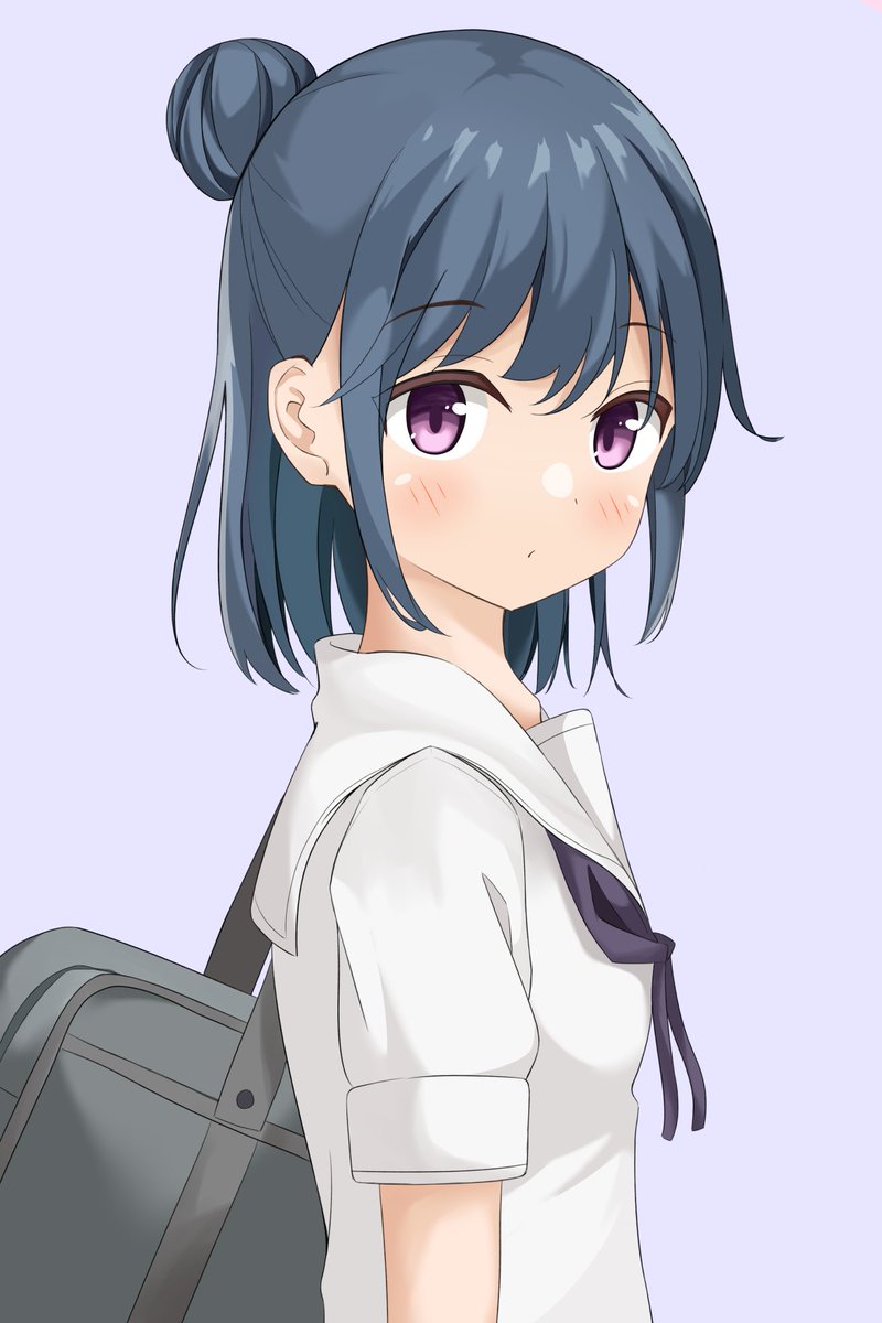 shima rin 1girl solo hair bun school uniform bag single hair bun purple eyes  illustration images