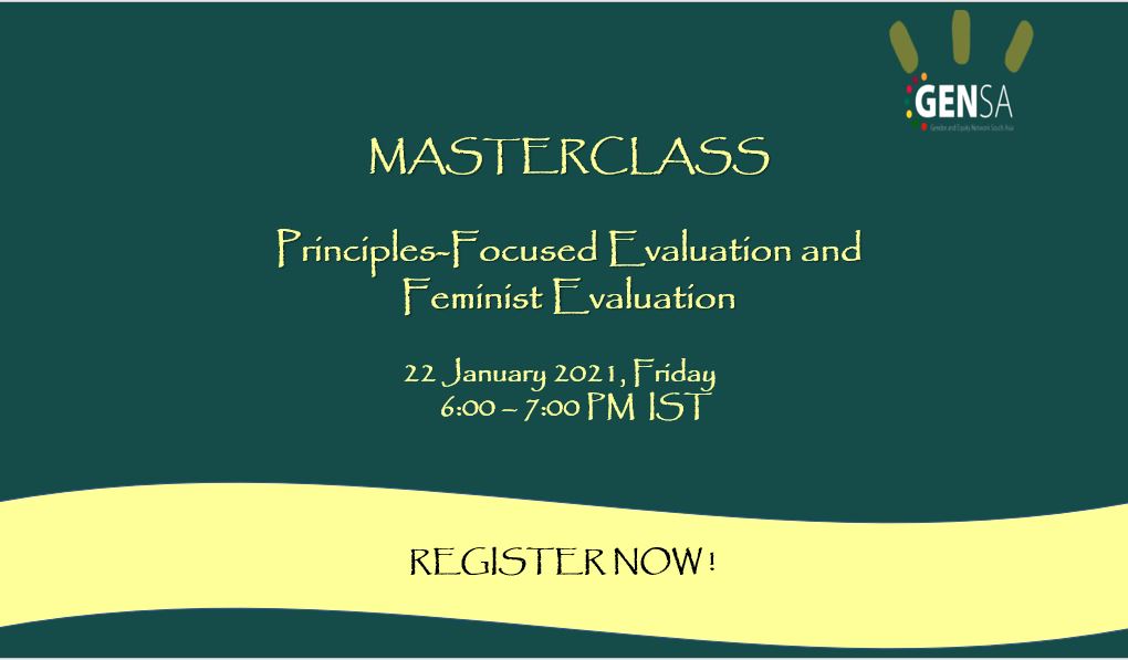 GenderAsia's tweet photo. Sign up for GENSA's Masterclass on Principles Focused Evaluation &amp; Feminist Evaluation! 22 Jan 2021 (Fri) at 6 PM IST. Register - https://t.co/VoQhtLsAh7 @coe_nepal @CoE_SouthAsia @zain_haideri @SLEvA_Official @EvalYouth_India 
#gender #feminist #masterclass #learning #southasia https://t.co/XmOElofhpF