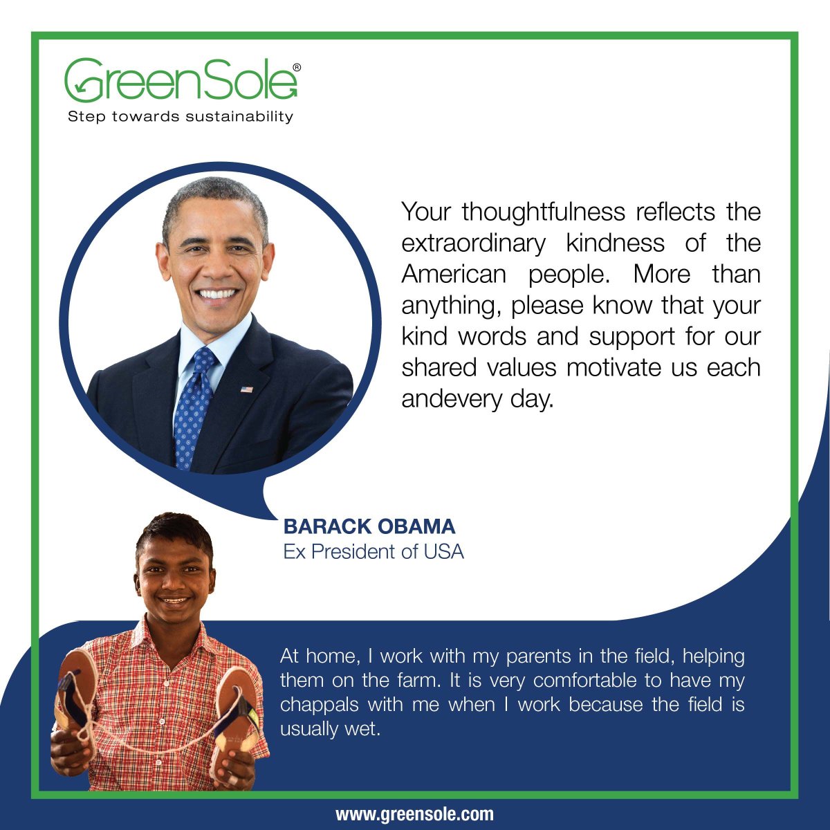 greensole_in's tweet photo. Spreading smiles with a pair of footwear is our vision, Ex-president of USA Barack Obama shares his kind words in support of Greensole alongside a beneficiary sharing his experience in receiving a Greensole refurbished pair.
#DonatingWalks #Upcycling #Greensole #Testimonials https://t.co/88TiTEQf9W