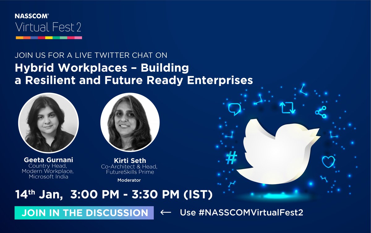 NasscomEvents's tweet photo. In a dynamic world characterised by change as a constant, what emerging trends will define workplaces in 2021? Will hybrid work dominate? Learn more at our #Tweetchat on 'Hybrid Workplaces - Building a Resilient and Future Ready Enterprises'.
Jan 14 | 3PM
Use #NASSCOMVirtualFest2 https://t.co/BeutKCB6CQ