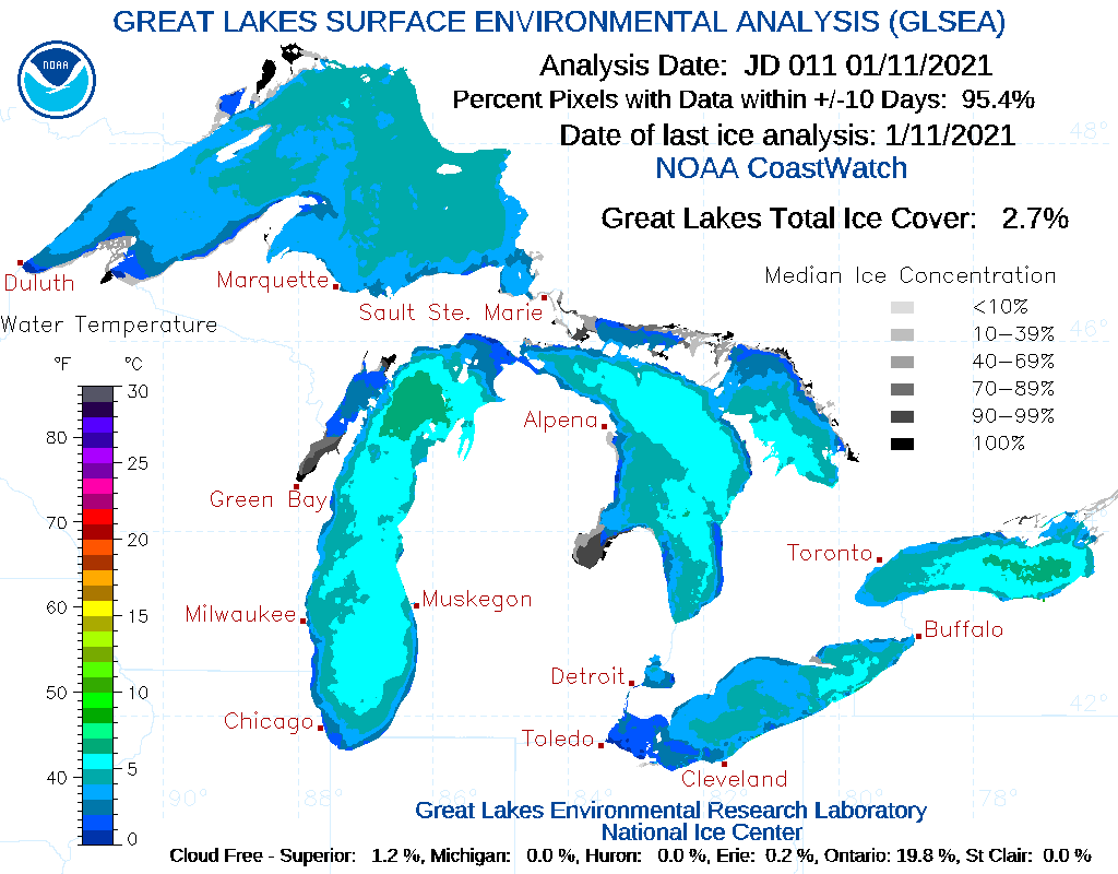 WeatherWorldPSU's tweet photo. Current Great Lakes ice coverage is running at just 2.7% with only 0.2% of Lake Erie frozen. That's on-par with this time last year. Peak coverage in 2020 was 19.2%. #greatlakes #ice #icecover https://t.co/mwZveXk9iD