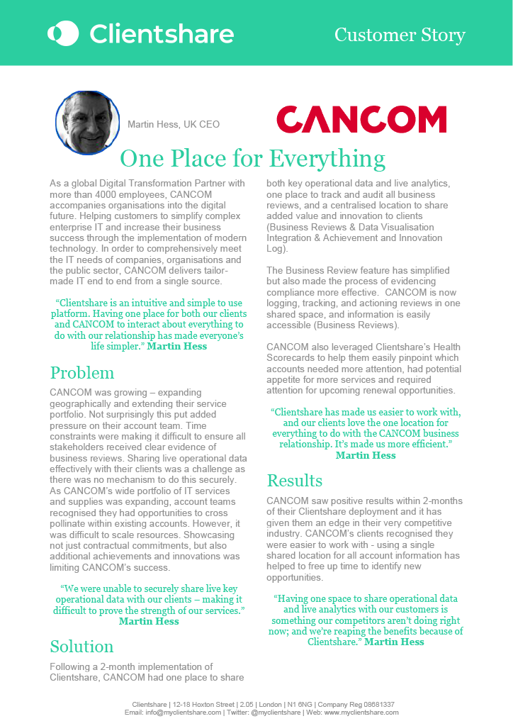 myclientshare's tweet photo. “Clientshare has made us easier to work with, and our clients love the one location for everything to do with the CANCOM business relationship. It’s made us more efficient.”

#ServiceGovernance #B2B #CustomerStory #Tech #Software https://t.co/QXD2CCqIlj