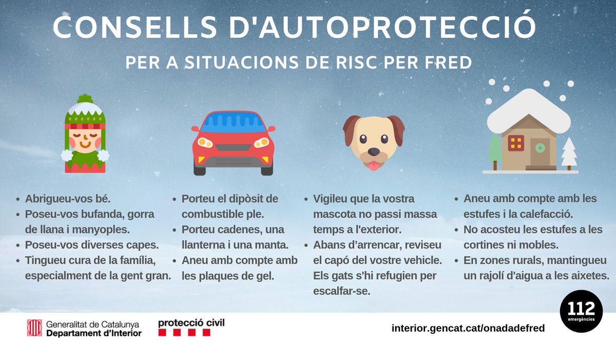 🔴 #ProteccioCivil demana extremar les precaucions en els desplaçaments en vehicle i a peu i fer cas dels consells i informació de <a href="/transit/">Trànsit</a> 

➡ Els familiars i amics de persones grans que viuen soles cal que les visitin o hi parlin per telèfon per comprovar que es troben bé