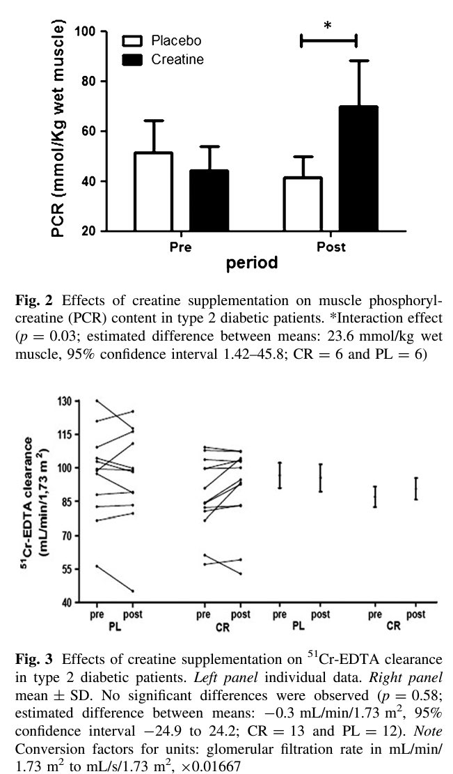 Obese, inactive, men and women with type 2 DM were assigned to 5g/d creatine mono (n=13) or placebo (n=12) for 12 weeks.