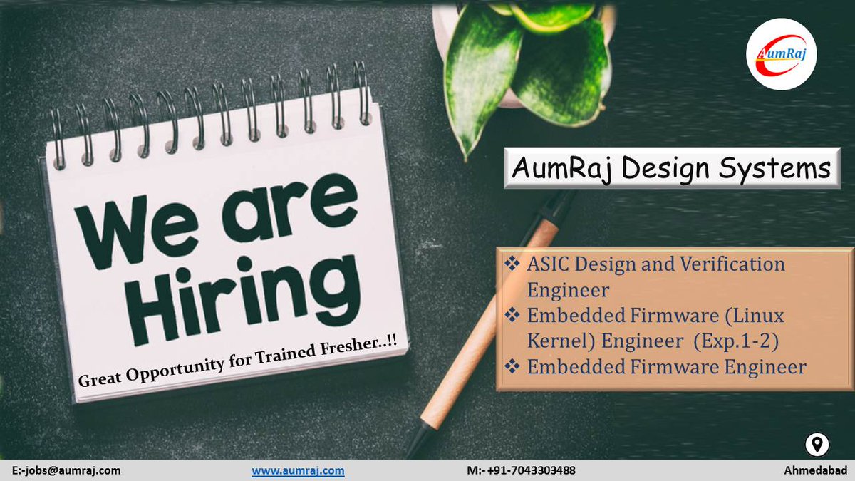 AumrajInc's tweet image. Hello folks,

We are hiring trained fresher for Ahmedabad location

drop your cv on jobs@aumraj.com

call: +91-7043303488

#AumRaj #trainedfresher #verification_engineer #embeddedfirmwareengineer #embeddedlinuxengineer #ahmedabadjobs #embeddedsystem #vlsijobs #asicdesign