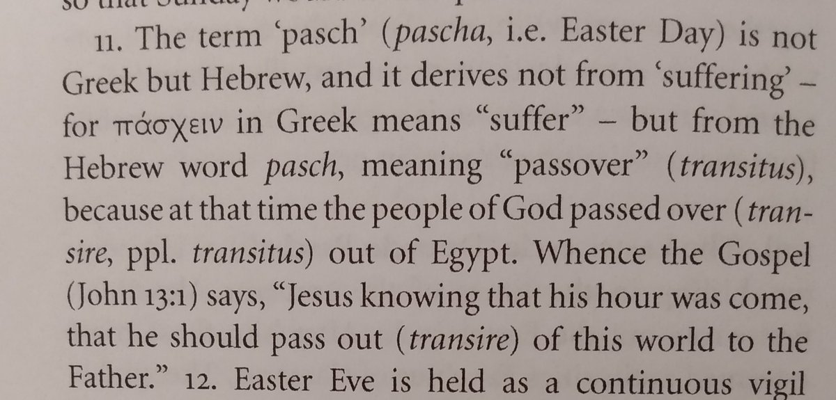 Now into the liturgical calendar. Isidore is usually happy to embrace multiple incommensurable etymologies, so it's interesting that he explicitly rejects the "pascha"~"paschein [=suffering]" derivation. Is there a theological point being made here?