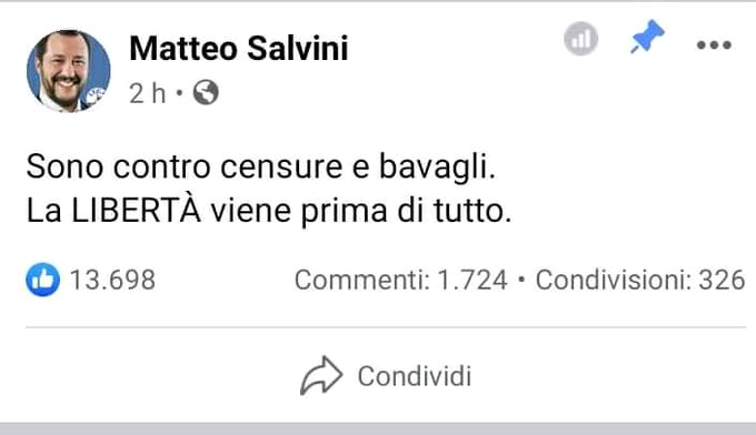 La parola Libertà ha un suono osceno in bocca a chi da ministro teneva prigionieri bambini in mare, sequestrava gli striscioni che lo contestavano, dava in pasto ai violenti di Twitter ragazze sue avversarie, faceva sgomberare i manifestanti antiLega.