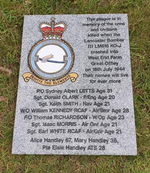 Lancaster LM615, KO-J of 115 Squadron had a particularly tragic end when it crashed into the farmhouse at West End Farm, Great Offley, killing the entire crew, along with three women from the same family, Alice, Mary and Elsie Handley. /23