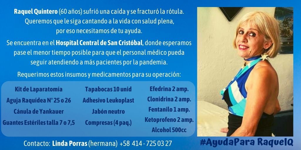 LaCrisleida's tweet photo. #12Enero #ServicioPúblico Necesitamos completar las medicinas e insumos médicos para operar a mi tía Raquelita en #SanCristóbal #Táchira Mientras esté allí hospitalizada, corre riesgo de sumar el COVID-19 a su diagnóstico. Por favor #DaleRT #Venezuela https://t.co/qI6FvYc7XI