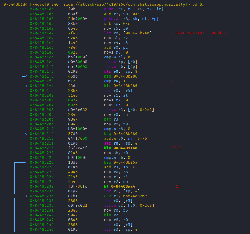 Lets take a closer look on the disassembly of our assumed 'ttEncrypt' function, by seeking to its offset with 's 0x8448b1d5' and switching to a more suitable r2 view with uppercase 'V' command (press 'p' till the view changes to disassembly)