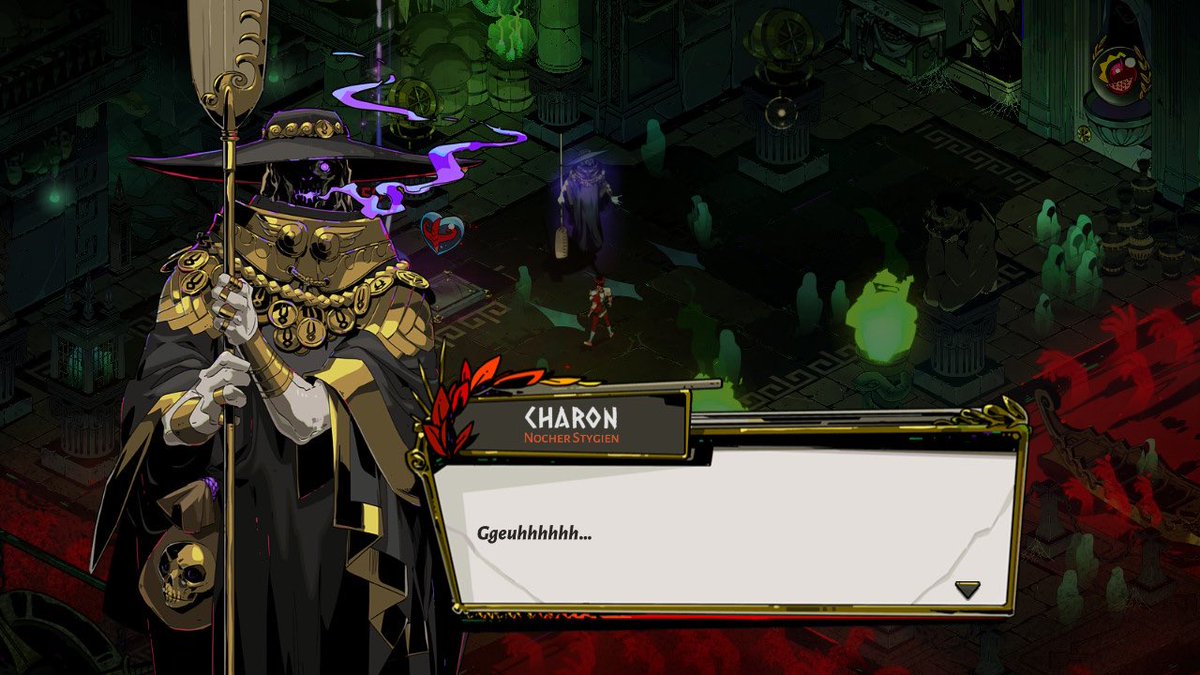 Charon is indeed translated. “Ggeuhh” is way more French than the English text.