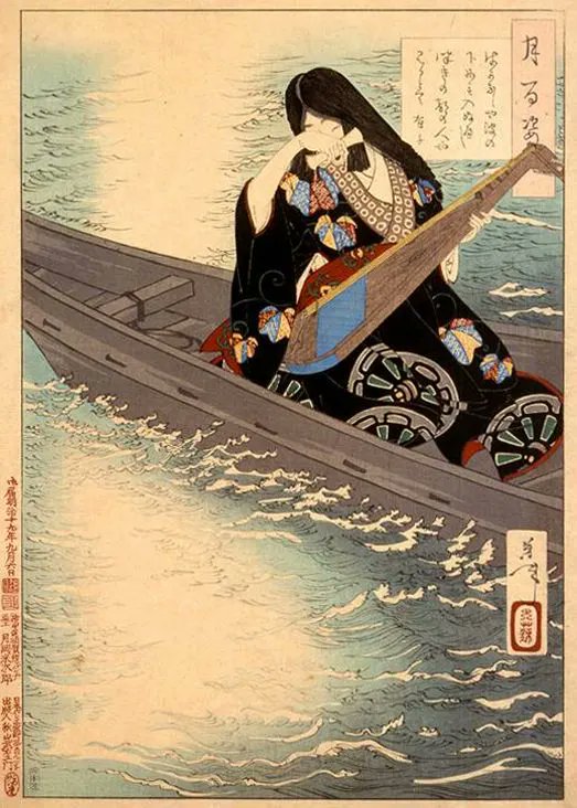 A baby girl was rescued on the side of the road by a barren couple and named Mikuzume, and not only was she beautiful but she was brilliant too. By age 7 she was reading poetry and famous, coming to Toba's court in Kyoto. There she was made a servant of the court.: Yoshitoshi