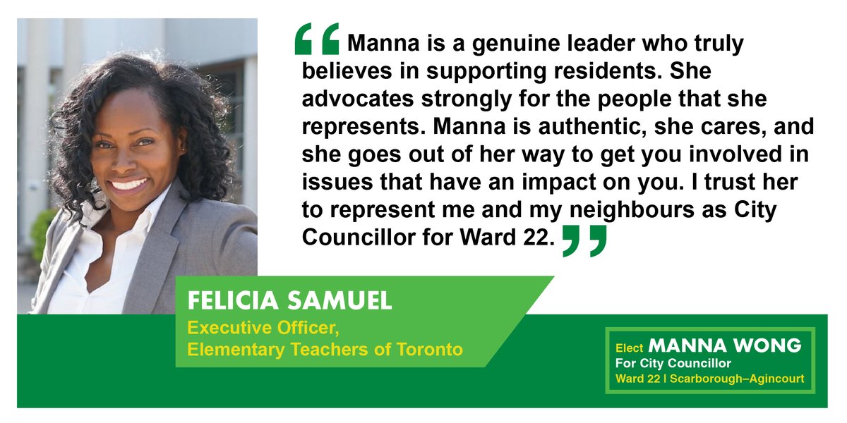 I’m so grateful for the support of <a href="/feliciansamuel/">Felicia Samuel</a> - a powerful advocate for public education, better transit and a fairer share of resources for Scarborough. She knows #Ward22 needs better representation and I’m honoured to have her support in the by-election. Thank you! #TOpoli