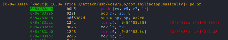 Remember: While we disassembled at 0x84483aa4, the code is THUMB mode. Thus the proper tracing address would be 0x84483aa5 (LSB set to 1), unlike you like crashes (restarting here would not be funny, 'cause thanks to ASLR all function offsets would differ)