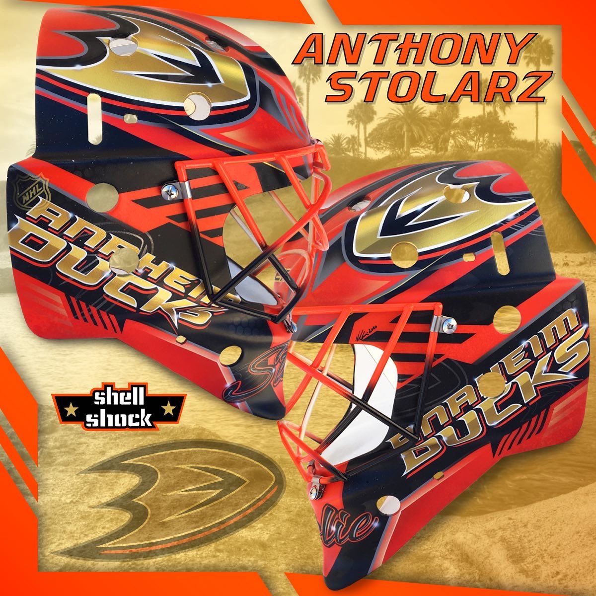 Shell Shock Designs on X: .@AnaheimDucks second mask unveil for Anthony  Stolarz featuring a modernized hypothetical version of legendary goalie  mask artist Greg Harrison featuring a super clean and crisp design finished