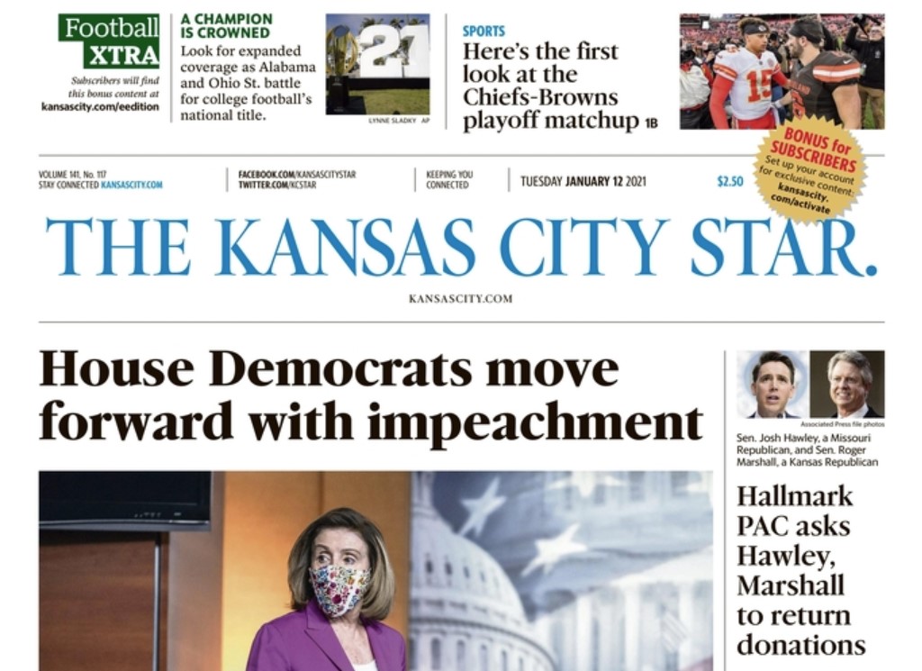 2.  @Hallmark gets a category of its own. It is the only company demanding refunds, specifically from  @HawleyMO and  @RogerMarshallMD. This is especially brutal for Hawley, because Hallmark is headquartered in his home state. This was the cover of today's Kansas City Star.