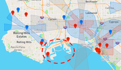 U.S. commercial facilities appear to be wide open. Here we have the Port of Los Angeles, the Port of Savannah, and the Port of Baltimore, all with no geofencing. (Note the tiny industrial park in Savannah that IS geofenced.)