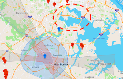 U.S. commercial facilities appear to be wide open. Here we have the Port of Los Angeles, the Port of Savannah, and the Port of Baltimore, all with no geofencing. (Note the tiny industrial park in Savannah that IS geofenced.)