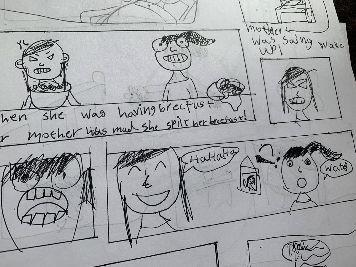 娘が、漫画続きをコツコツ執筆していた。コマ割りのバランスや表情など、なかなか頑張って工夫してる。#ロンドン育児日記 