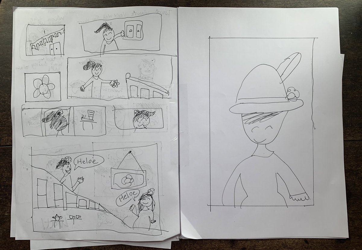娘が、漫画続きをコツコツ執筆していた。コマ割りのバランスや表情など、なかなか頑張って工夫してる。#ロンドン育児日記 