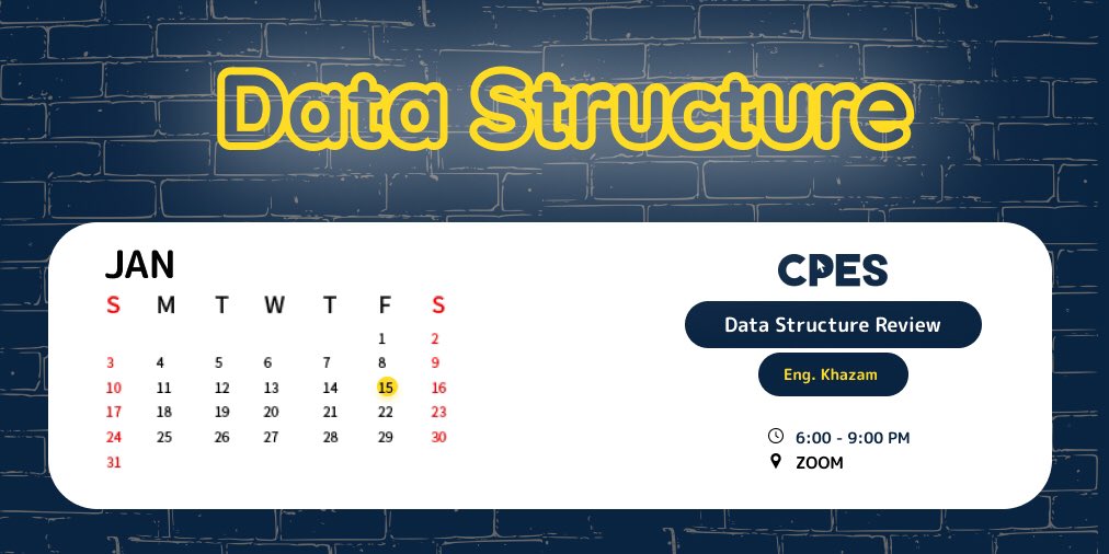 ( Data Structure Review ) 

Presented by:  

Eng.Khazam 
<a href="/EngKhazam/">Eng.Khazam</a> 

Registration link:

cpeskw.com/Workshops