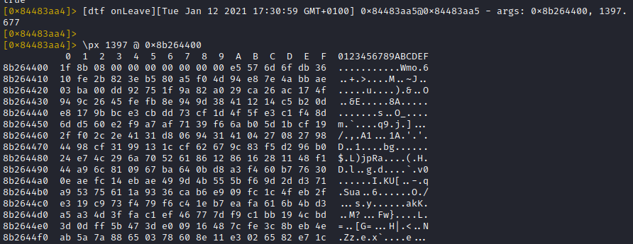 With the formatted trace modification 'pi' from above, the first argument gets printed as hex pointer, the second as decimal integer.This makes it easy to hexdump the content of this buffer (as long as it is kept alive)