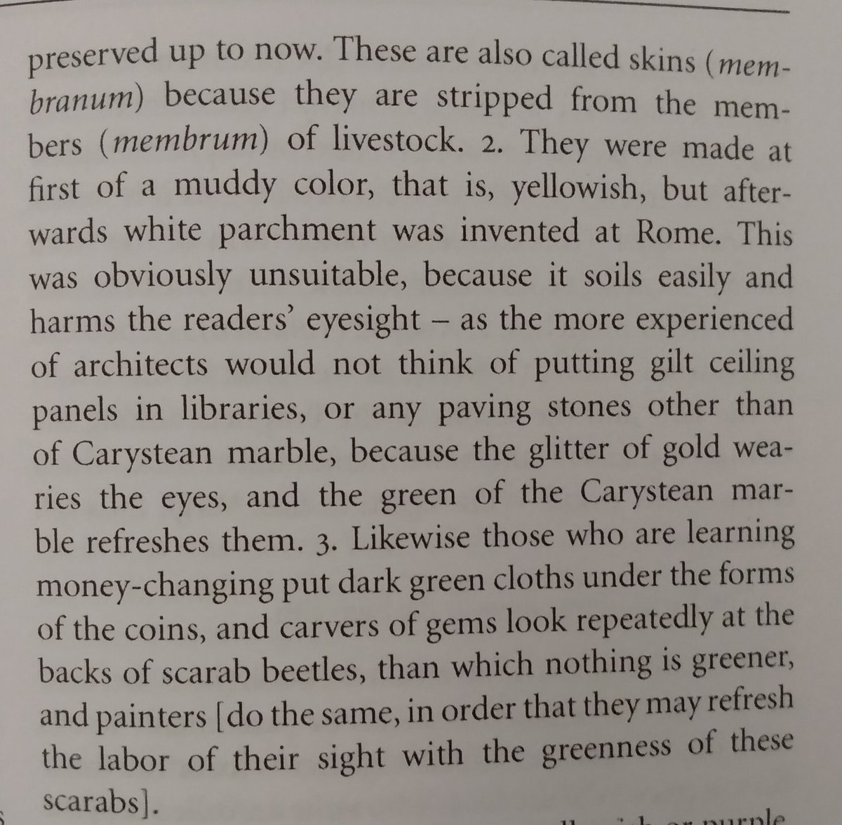 First part of Book VI summarizes the Bible; second part goes into library science, including this advice re: interior decorating