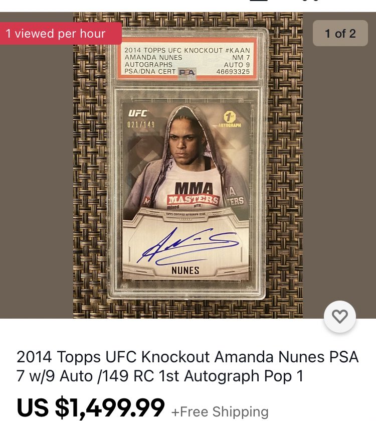 Not that listed price means a whole lot (in the absence of lots of recently sold comps, means a little more), but interesting that someone is even asking this much for an Amanda Nunes 1st auto in PSA 7. Jon Jones 1st autos in PSA 9 have recently gone for less. https://t.co/xLTF9zdujP