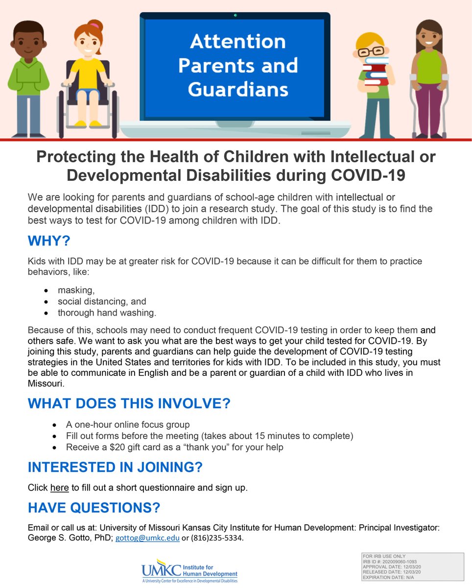commlivmo's tweet image. F.A.C.T. is looking for parents and guardians of school-age children with disabilities to join a research study to find the best ways to test for COVID-19 among children with IDD. 

To join, fill out this short questionnaire &amp;amp; sign up at: redcap.wustl.edu/redcap/surveys…