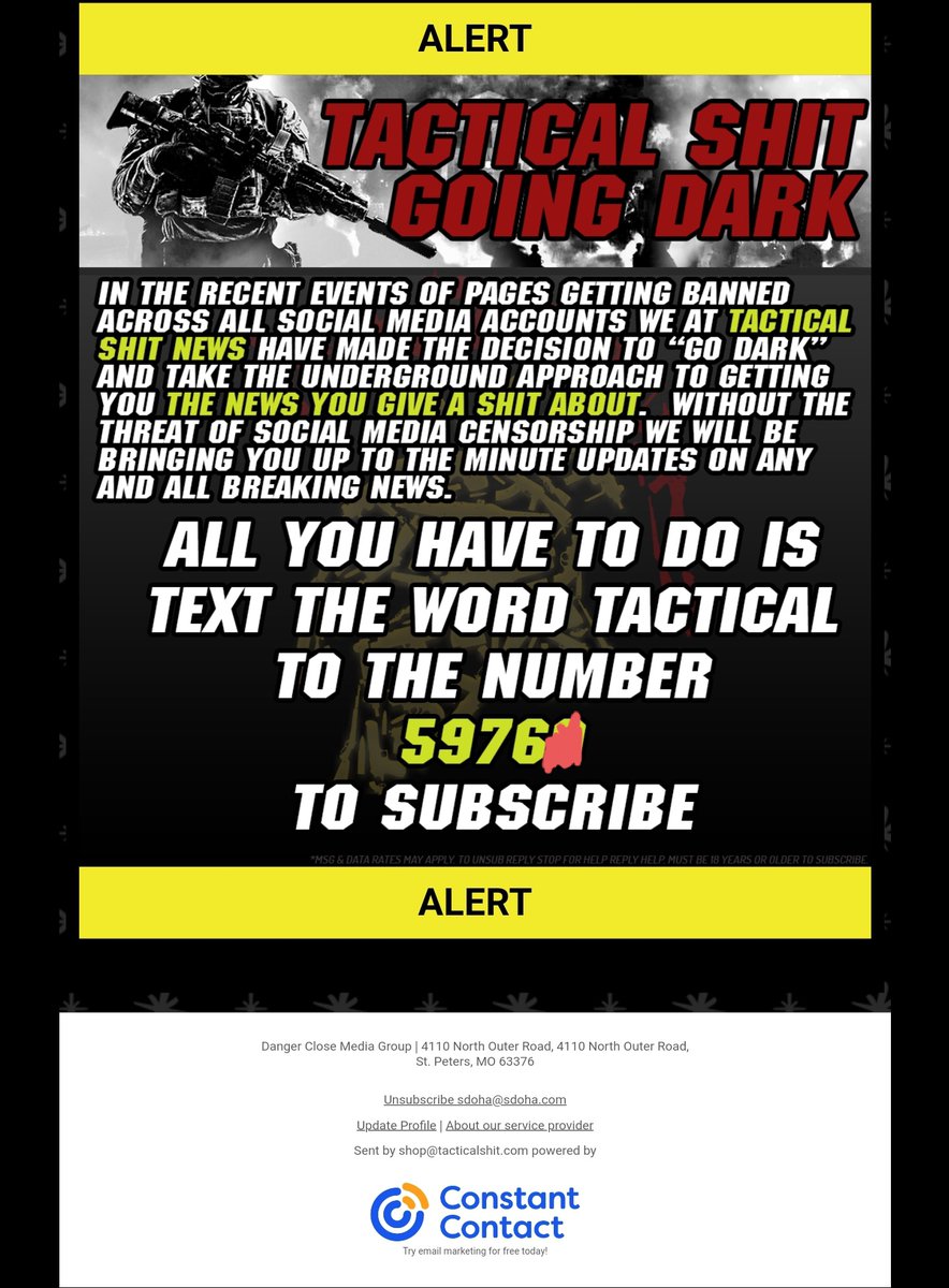 Constant Contact (<a href="/constantcontact/">Constant Contact</a>)needs to suspend service to Tactical Shit and the Shortcode Service provider needs to do the same (associated short code 59769).