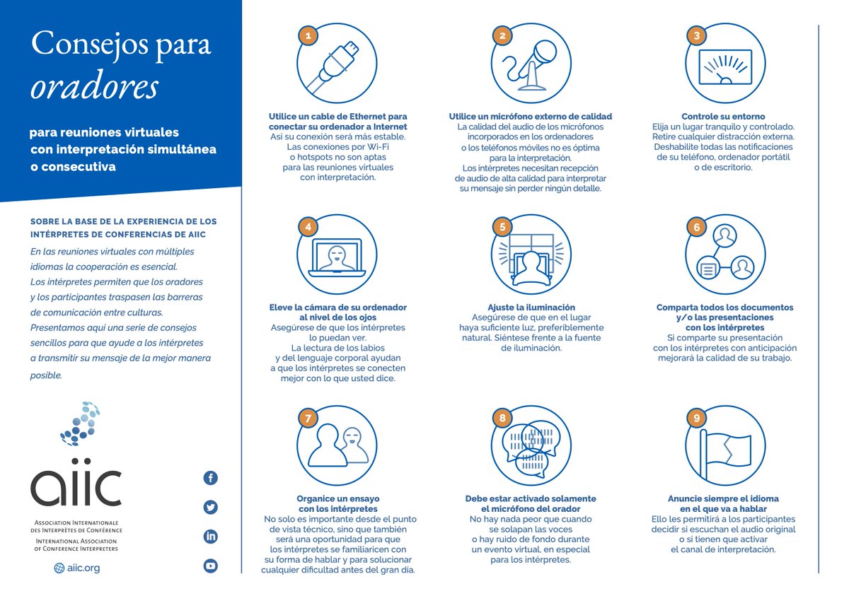 Interidea_int's tweet image. Hace unas semanas, @aiiconline publicó consejos para oradores en reuniones virtuales con #RSI. Con estos consejos (disponibles en varios idiomas), mejoramos el sonido para la interpretación, pero también para el público. ¡Esperamos que os sea útil! bit.ly/39FqUHx