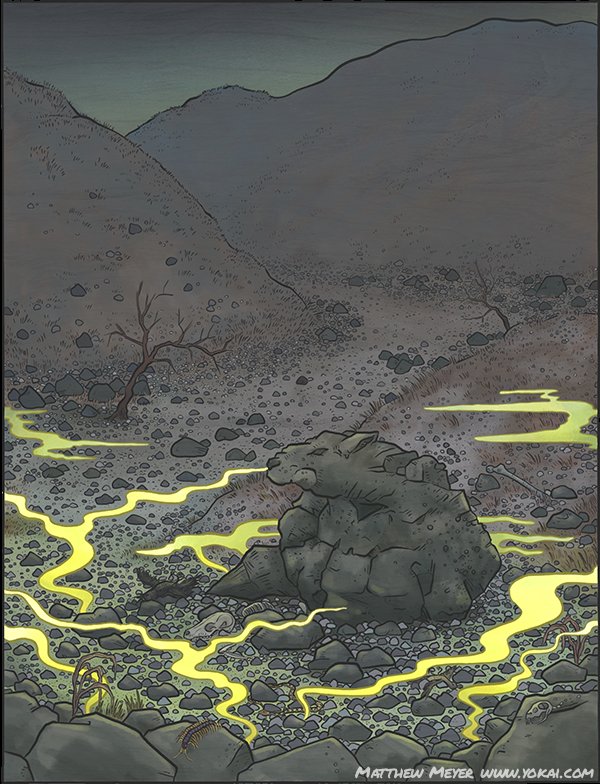 The spot Tamamo-no-Mae died at was marked with a stone and soon became a desecrated place, called Sessho-seki, the Killing Stone (殺生石). Found at Nasuno in modern Tochigi Prefecture, the stone was said to kill anything that touched it: her evil endured.:  @matthewmeyerart