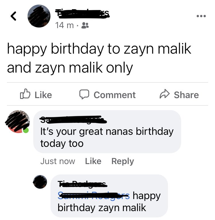 Just had an amazing conversation with my mum on facebook. happy birthday zayn malik! 