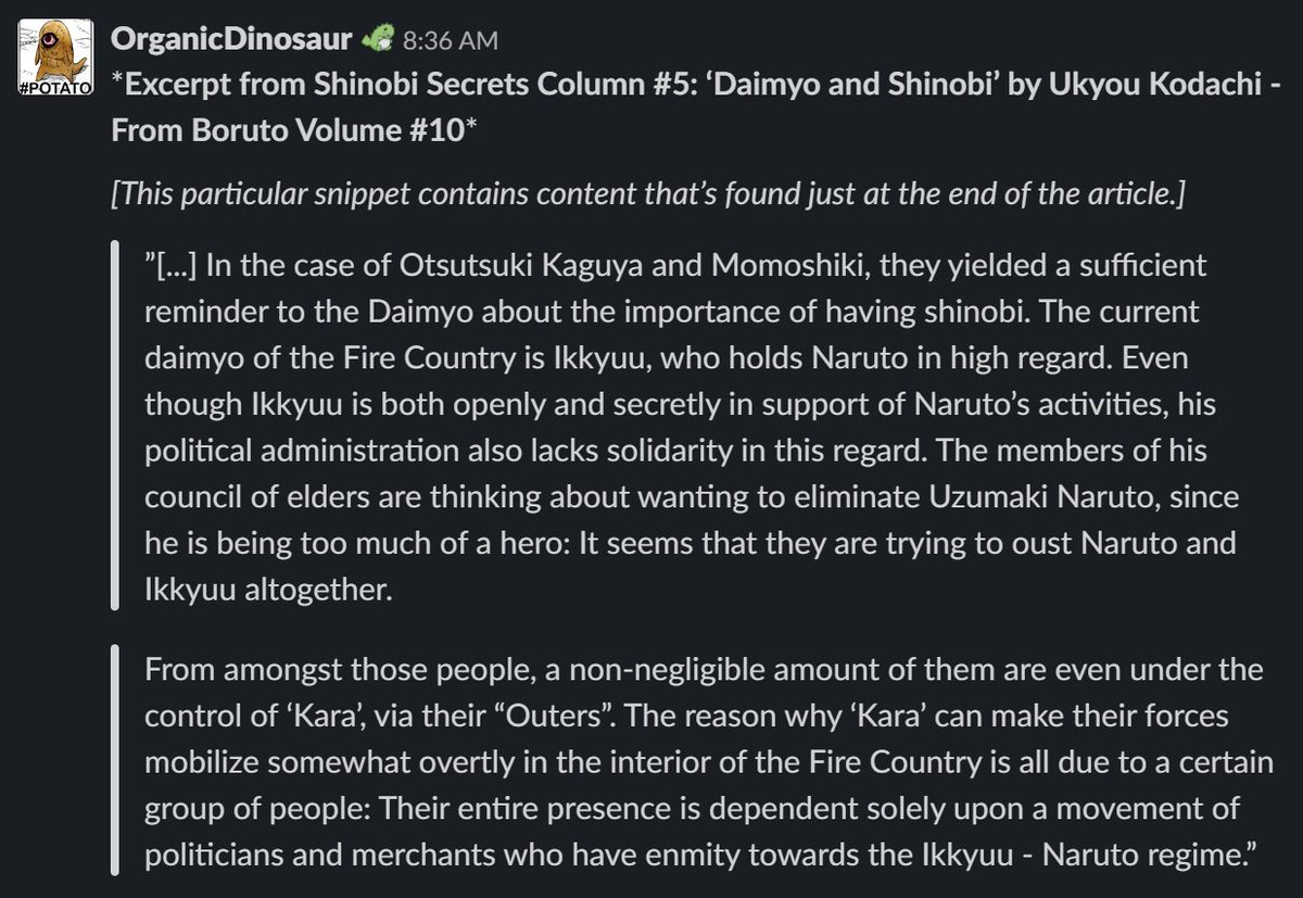 On a appris dans le tome 10 de Boruto que Kara a des externes infiltrés dans le pays du Feu,qu'ils sont en contact avec des hauts placés et exercent un certain contrôle sur eux.