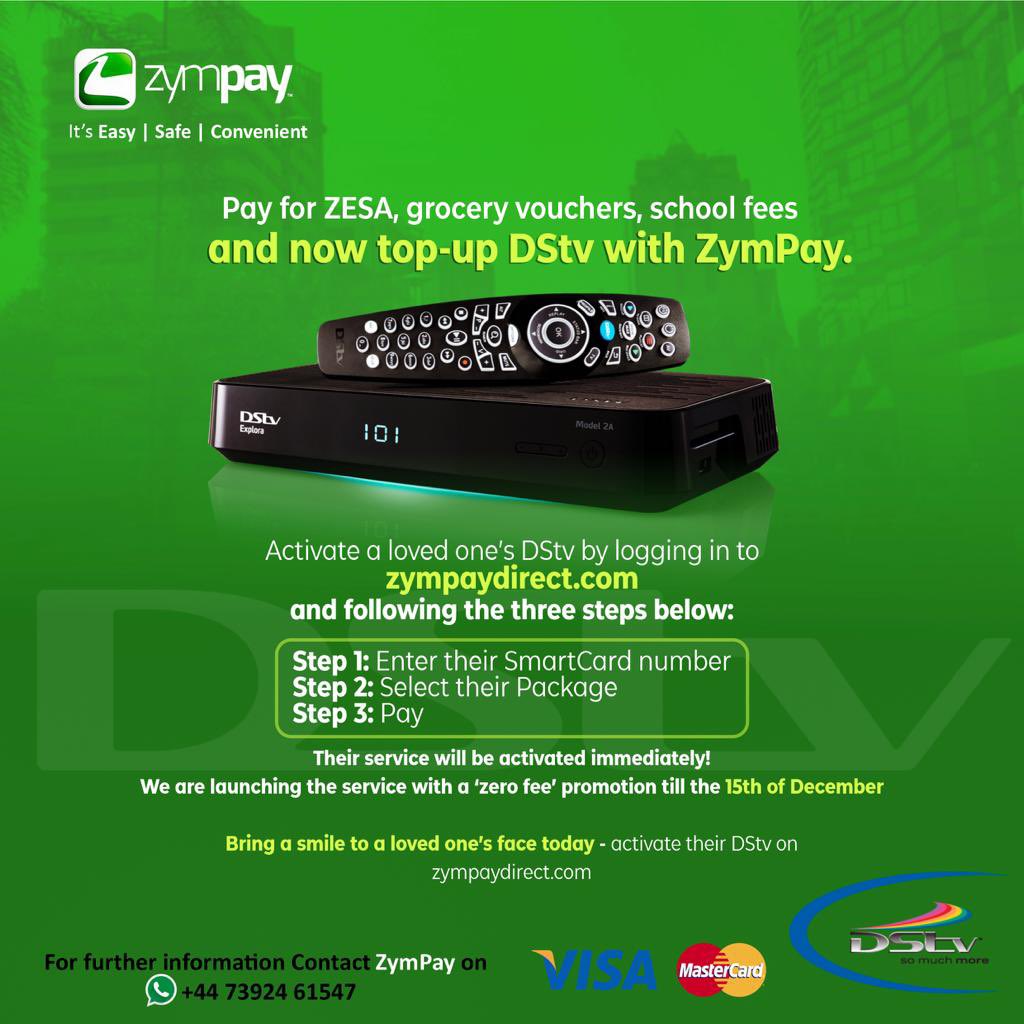 Zympay's tweet photo. DSTV Payments!

Activate a loved one’s DStv in 3 easy steps, from the convenience of your home or on the go! 

•Step 1: Enter their SmartCard number
•Step 2: Select their Package
•Step 3: Pay
Their service will be activated immediately!

Register on https://t.co/9NxMSQqi9l https://t.co/A3CuDFrNTt